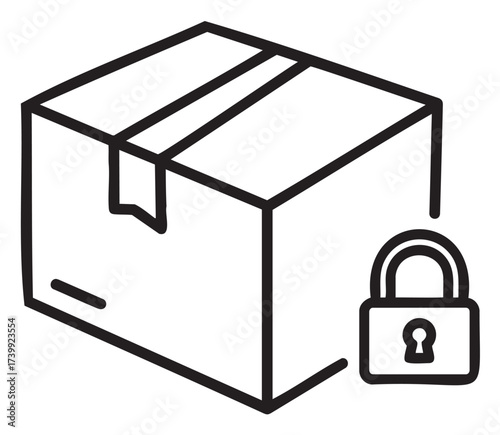 Black outline vector icon of a simple cardboard package box with a closed padlock symbolizing security and protection.