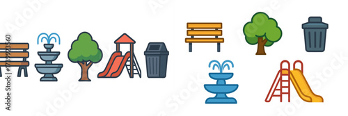 Various public park and playground elements including benches, trees, fountains, slides, and trash cans for outdoor recreation