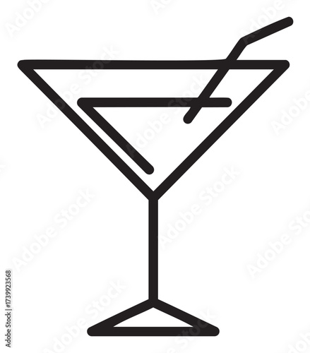 Black outline icon of a classic martini glass with a stylized olive garnish on a stick, perfect for cocktail and beverage themes.