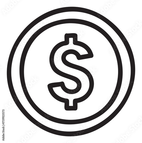 Black outline icon of a circular coin with a dollar symbol in the center, enclosed by concentric rings.