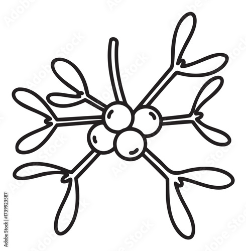 Black outline drawing of a sprig of mistletoe with three berries and multiple curved leaves. simple illustration depicting holiday and winter decor themes.