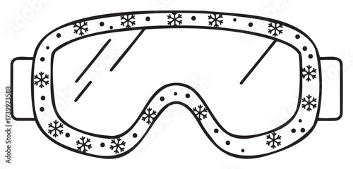 Black outline of ski goggles with clear lenses and snowflake decorations, conveying a sense of winter sports and safety.