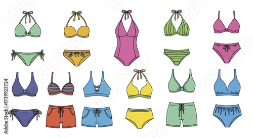 Colorful vector illustration set of womens swimwear.