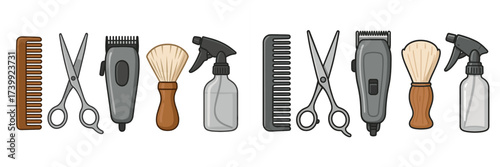 Collection of professional barber and hairdressing tools including combs, scissors, clippers, and brushes