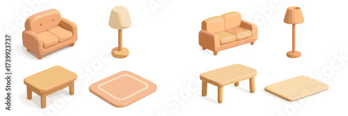 Isometric pastel furniture set with sofa, armchair, table, lamp, and rug for home interior design
