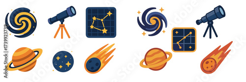 Set of astronomy and space exploration icons featuring galaxies, planets, constellations, telescopes, and comets