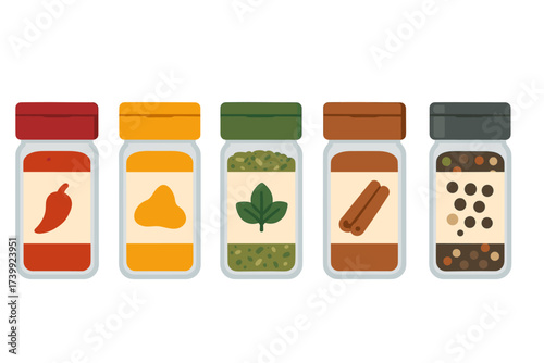 Colorful array of kitchen spice jars filled with essential culinary herbs and aromatic seasonings for global cuisine