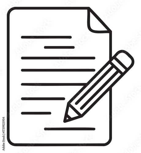 Black outline icon of a pencil writing on a lined paper document, illustrating writing and documentation concepts.