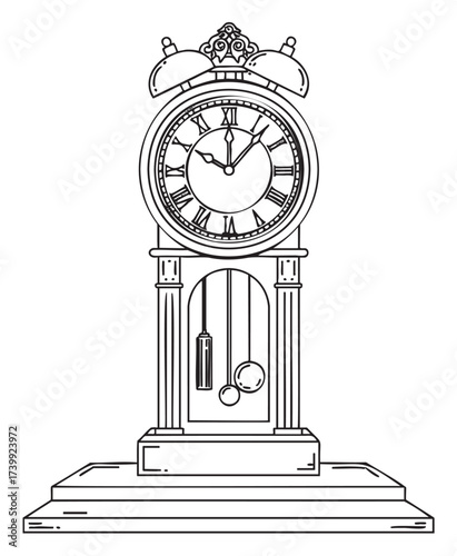 Black outline of a vintage grandfather clock with roman numerals and classical columns on a stepped base.