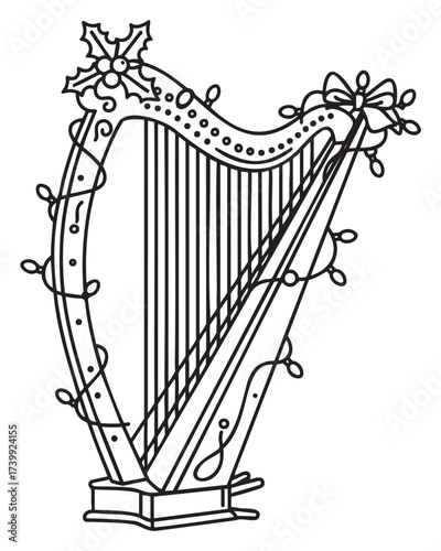 Black outline of a harp adorned with holly, bow, and string lights, evoking a festive and musical holiday theme.