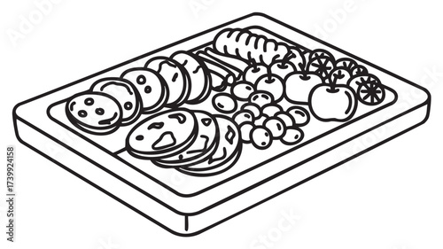 Black outline of a tray filled with a variety of food items, including sliced bread, vegetables, fruits, and cookies.