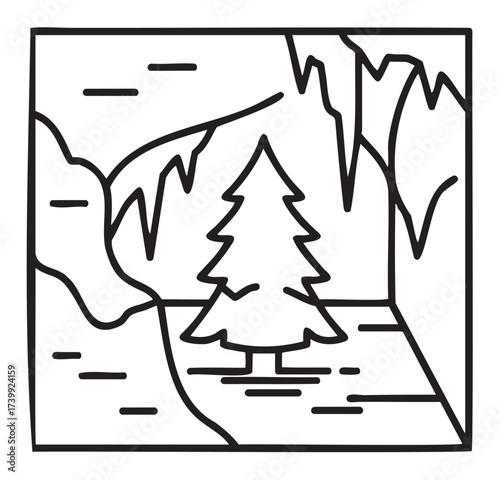 Black outline vector icon of a simple conifer tree within a stylized cave. minimal linear illustration for nature and outdoor concepts.