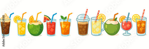 Collection of vibrant refreshing summer beverages with ice cubes and fruit slices in different types of glassware and cups