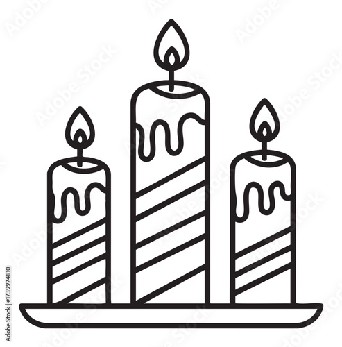 Three tall, striped candles with dripping wax and small flames on a flat tray, depicted in a simple black outline.