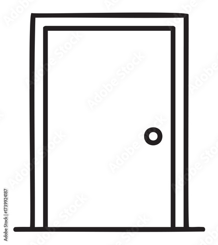 Simple black outline of a closed door with a round doorknob and visible doorframe, suitable for concepts of privacy, entrance, and security.