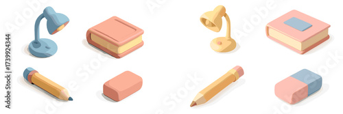 Vibrant pastel colored isometric desk lamps, books, pencils, and erasers for education and office environments