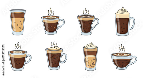 Collection of various coffee drinks in glass cups and mugs.