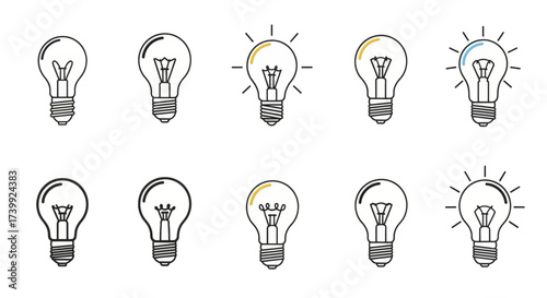Set of light bulb line icons for ideas and innovation.