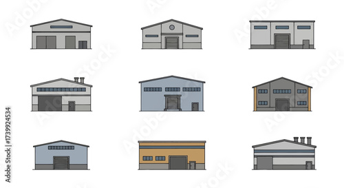 Set of nine simple cartoon illustrations of industrial buildings.