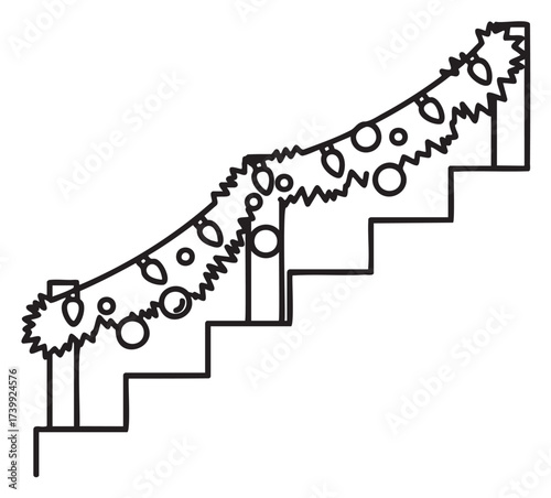 Simple black outline of a staircase decorated with festive garlands and round ornaments.