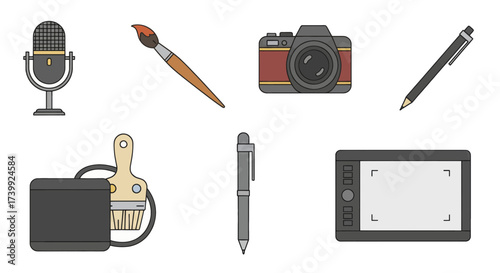 Set of creative equipment icons for artists and designers isolated on white background.
