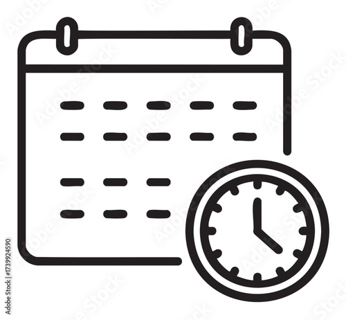 Black outline icon of a calendar with a clock, symbolizing time management and scheduling tasks efficiently.