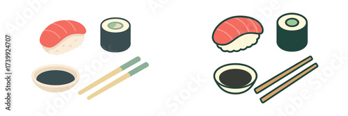 Popular Japanese sushi dishes including salmon nigiri and maki rolls served with soy sauce and chopsticks