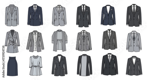 Vector illustration set of various business suits and jackets for men and women.