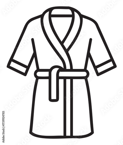 Black outline icon of a bathrobe with a shawl collar and a waist tie, designed in a minimalist linear style.