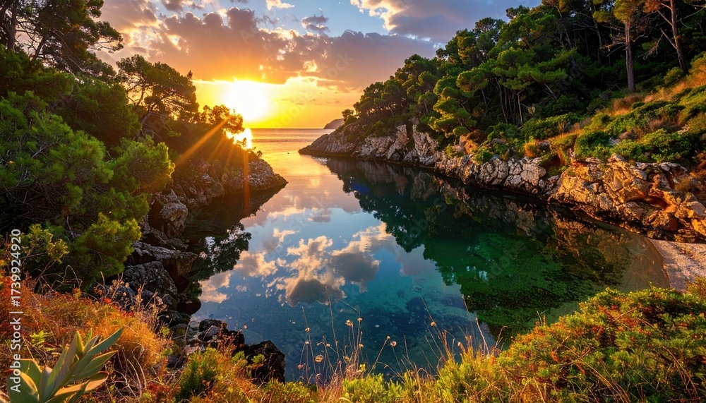 Naklejka premium A serene sunset over a tranquil cove, reflecting vibrant colors and surrounded by lush greenery and rocky cliffs.