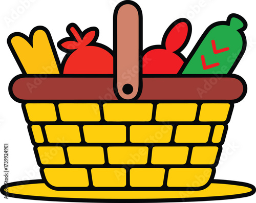 Vector Icon of a Wicker Basket Filled with Produce