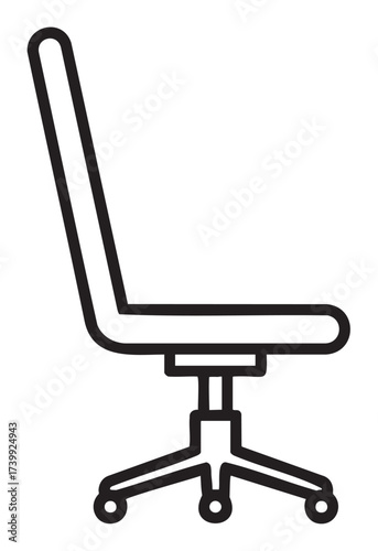 Black outline vector icon of a simple office chair with a high backrest and wheeled base. minimal linear illustration for furniture and interior design concepts.
