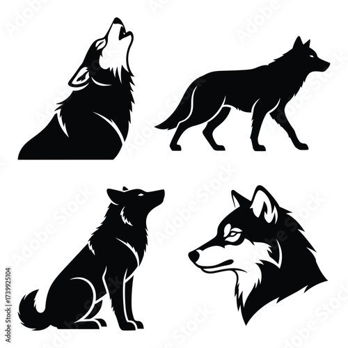 Silhouette wolf pack collection depicting howling standing sitting and head profile poses art silhouette