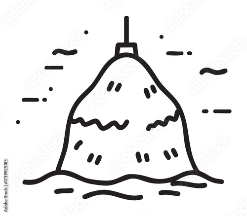 Black outline drawing of a mountainous island peak surrounded by waves, with a visible antenna on top, indicating a remote location.