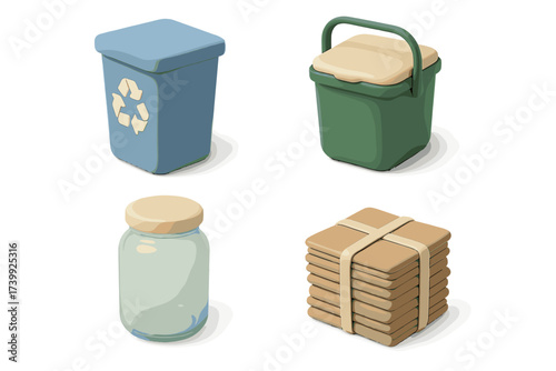 Essential household items for environmental responsibility: blue recycling bin, green compost bucket, clear glass jar, and neatly bundled paper for recycling