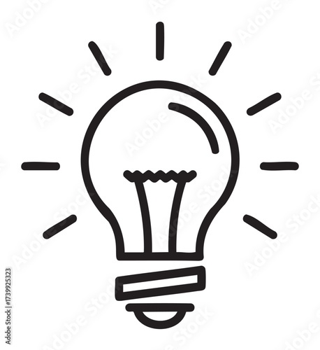 A simple black outline drawing of a classic light bulb with rays extending outward, symbolizing creativity and ideas.