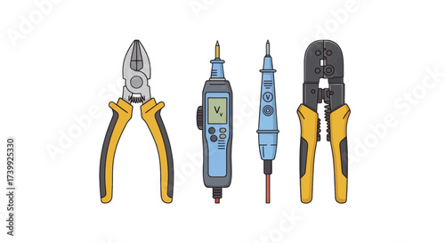 Collection of electrician tools including pliers multimeter and crimper vector illustration.