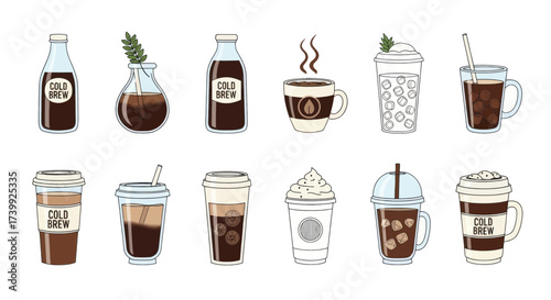 Vector illustration set of various cold brew coffee drinks isolated on a white background.