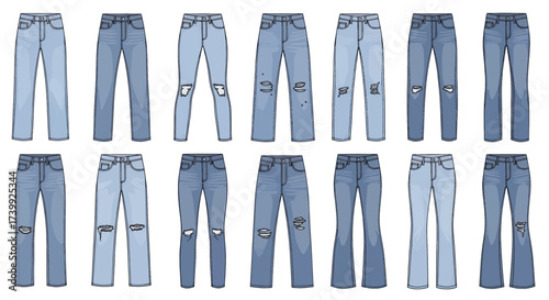 Vector illustration set of various blue denim jeans pants styles.