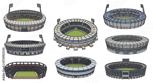 Set of eight different sports stadium illustrations isolated on white.