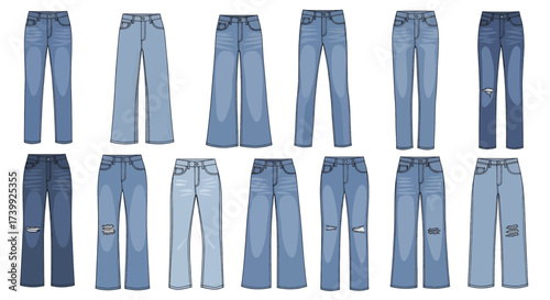 Set of various womens blue denim jeans models.