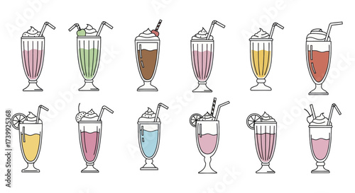 Set of various milkshake icons in glasses with whipped cream and straws.