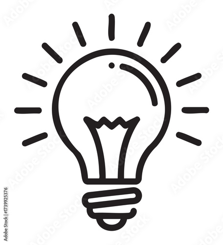 Simple black outline of a glowing light bulb with radiating lines indicating brightness.