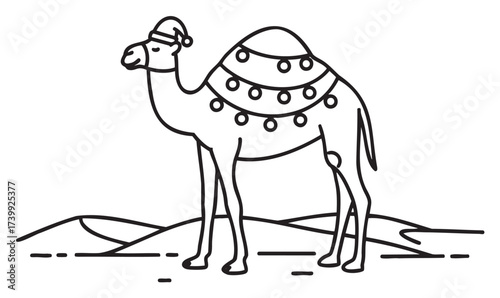 Black outline of a camel wearing a christmas hat and draped with holiday decorations, positioned on a simple desert landscape.