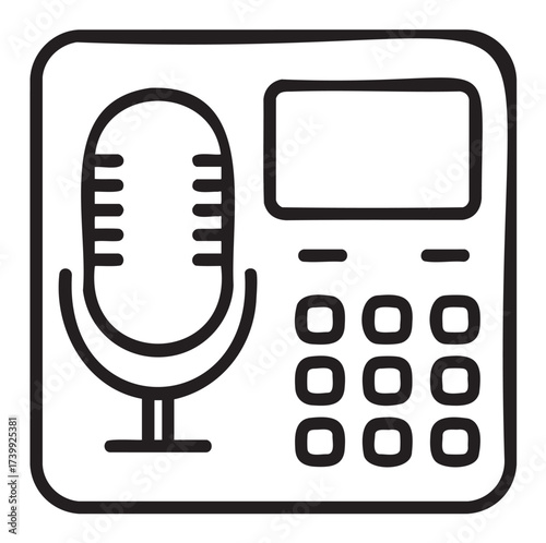 Black outline icon of a microphone and audio mixer with buttons and display for recording and broadcasting purposes.