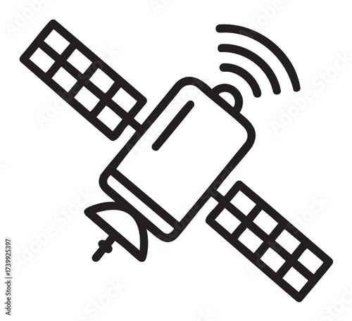 Simple black outline icon of a satellite with solar panels and a signal wave, representing communication and technology concepts.