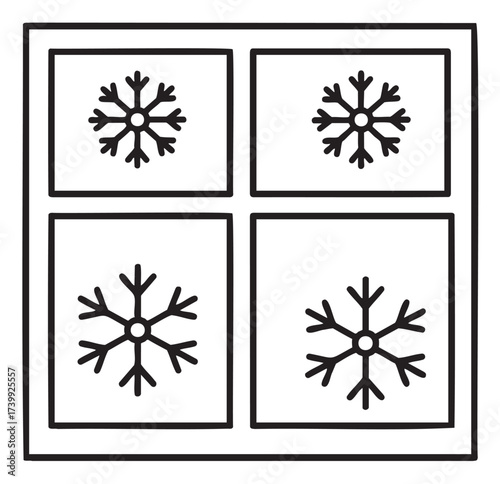 Black outline vector of four simple snowflake designs in separate squares, showcasing minimal symmetry for winter and holiday concepts.
