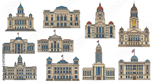 Set of vector illustrations of government buildings and city halls.