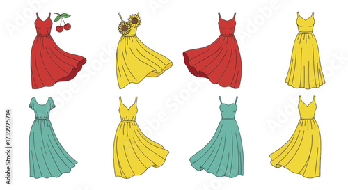 Set of colorful handdrawn womens summer dresses.
