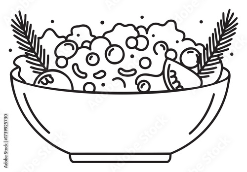 Black outline illustration of a bowl filled with a diverse salad containing leafy greens, tomatoes, cucumbers, and a lemon slice, accompanied by branch-like garnishes.